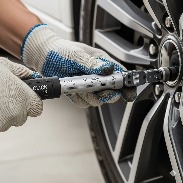 An image showing an affordable torque wrench being used to tighten a lug nut on a car wheel.