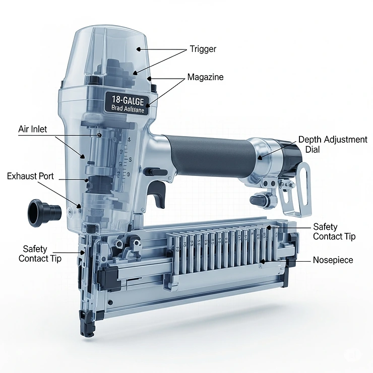 A diagram showing the key parts of an 18 gauge brad nailer, including the trigger, magazine, and depth adjustment dial.