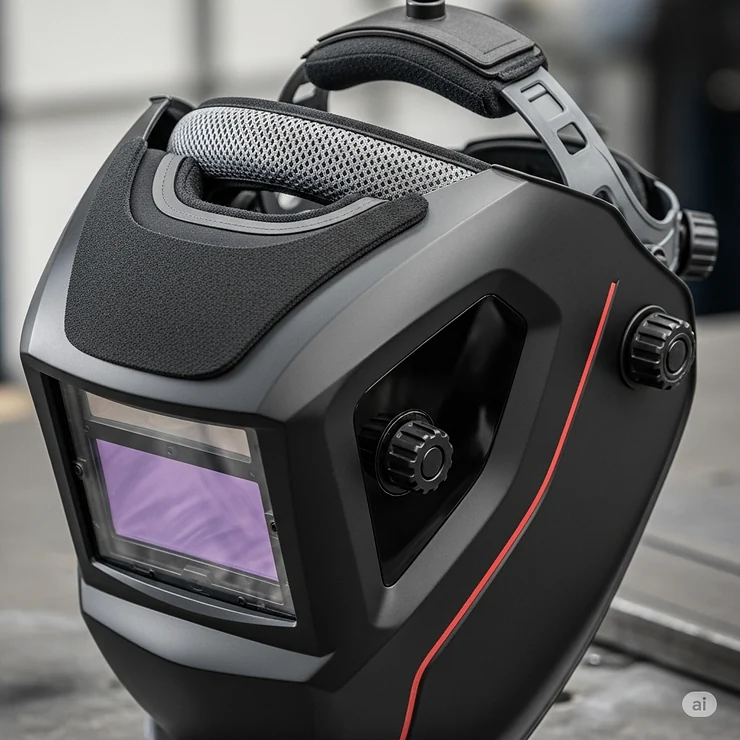 A modern, auto-darkening welding helmet with a comfortable headgear design, an essential piece of safety equipment for any new welder.