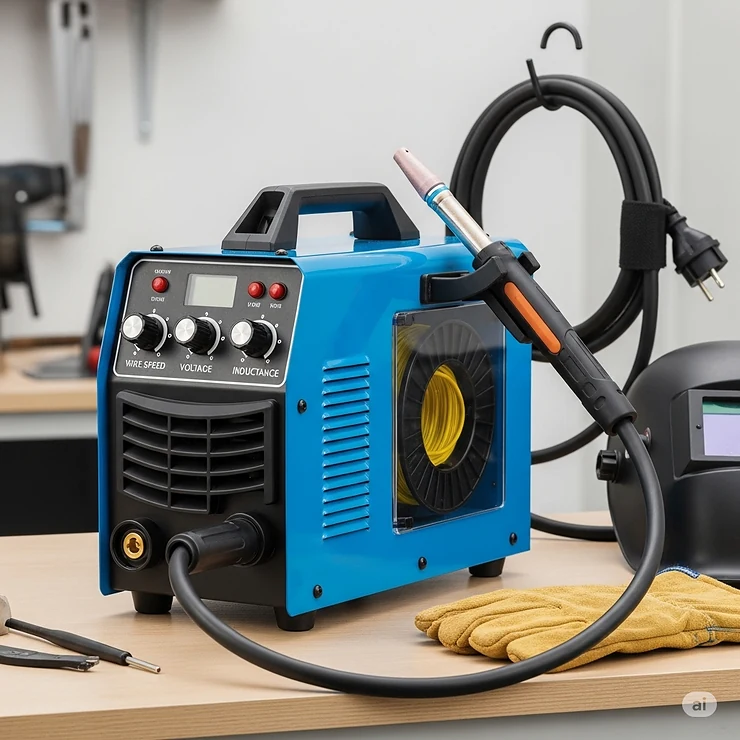 A simple, user-friendly MIG welding machine suitable for a novice, with clear control knobs and a wire spool visible. The image helps beginners visualize the type of machine they should look for.