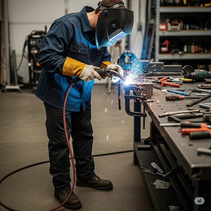 A full-body shot of a novice welder, positioned correctly and comfortably, practicing their technique on a small metal project, demonstrating good posture and form.