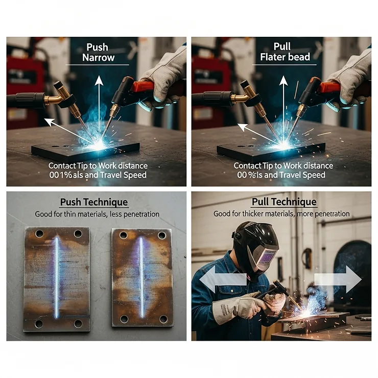 A visual guide demonstrating the correct push and pull techniques for a beginner using a MIG welder.