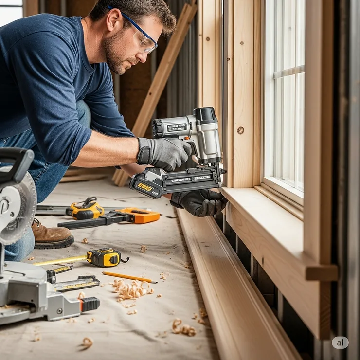A professional uses the best cordless finish nailer for trim work, showcasing its portability and precision on a wooden frame.