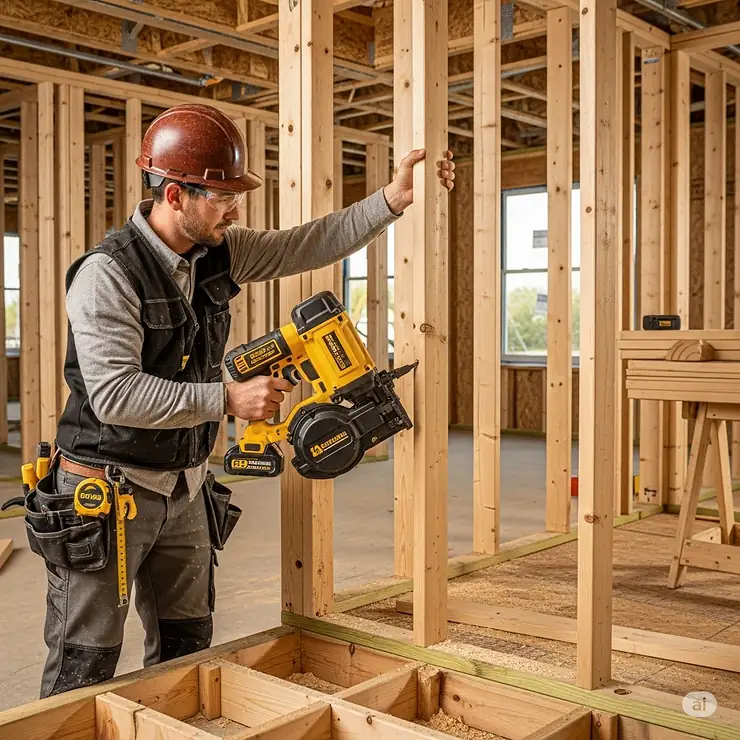 A construction worker using the best cordless framing nailer to install wooden studs for a new wall.