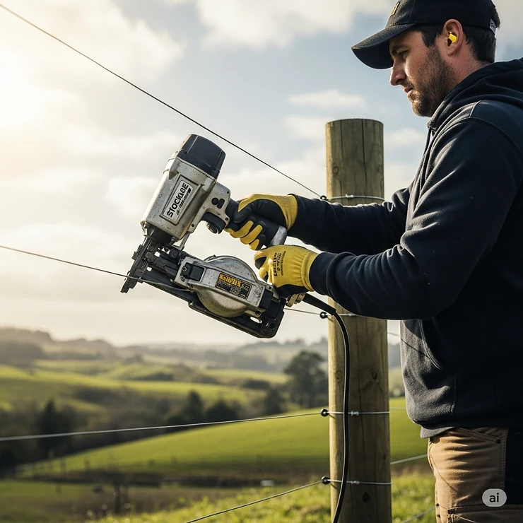 A side view of a worker quickly and efficiently using the best fencing nailer to secure wire fencing.