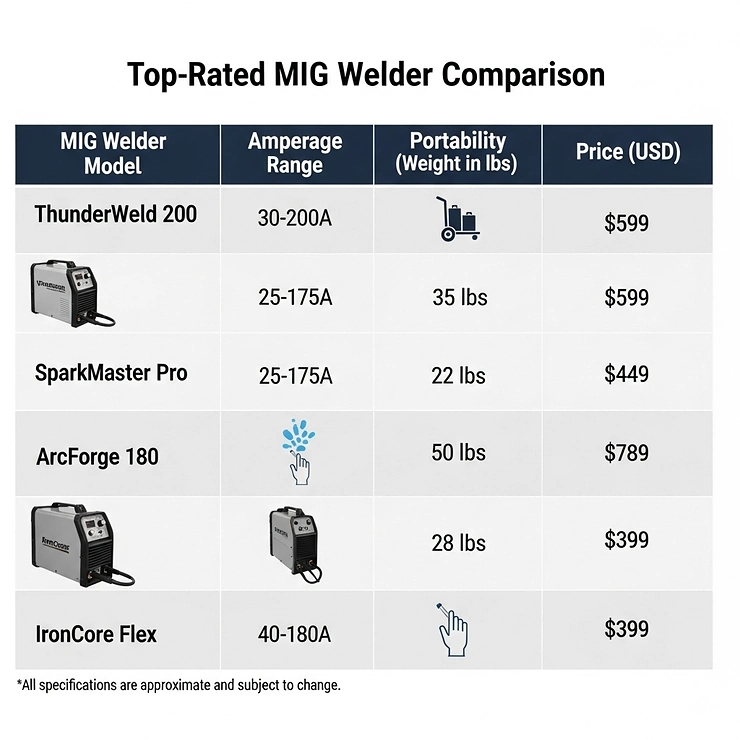 A comparison chart illustrating the specifications of several top-rated MIG welders, highlighting differences in amperage, portability, and price.