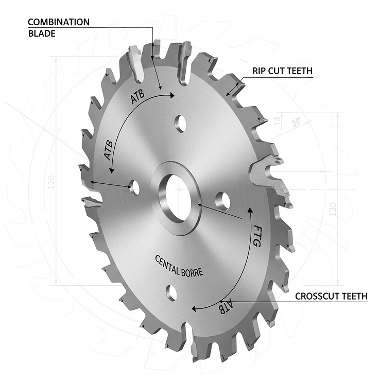 An illustration of a versatile combination table saw blade, featuring different tooth configurations to handle both rip and crosscuts effectively.