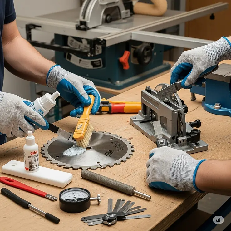 An image demonstrating proper maintenance of table saw blades, including cleaning and sharpening, to ensure their longevity and performance.