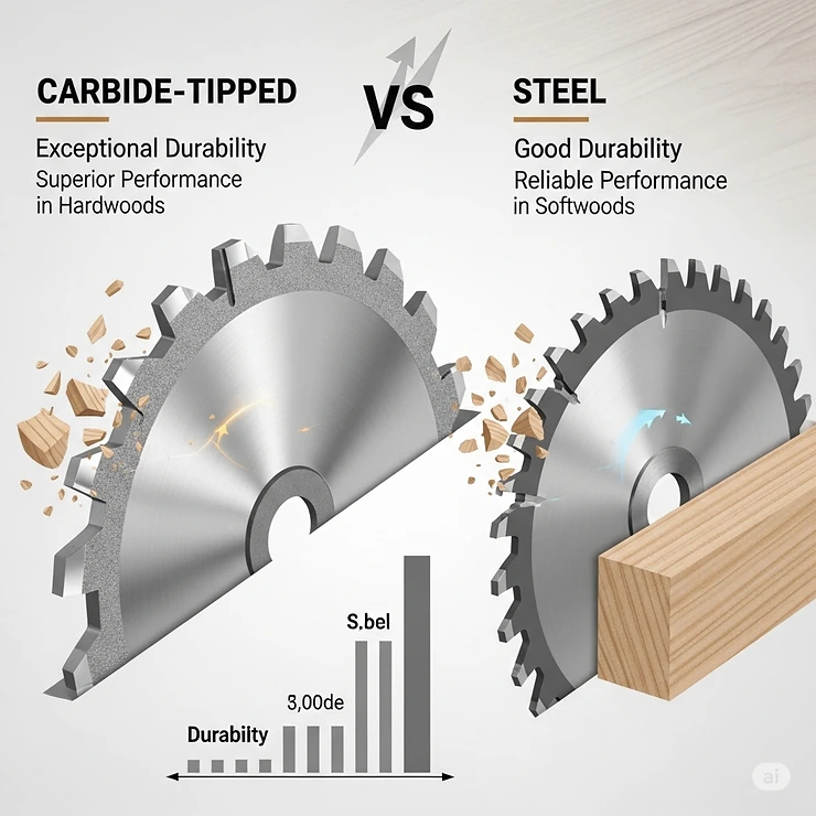 An illustration comparing the materials used in the construction of the best table saw blades, like carbide-tipped and steel, highlighting their durability and performance.
