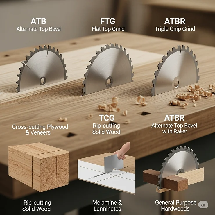 An image explaining various tooth grinds on table saw blades, such as ATB and FTG, and their specific applications for different materials.