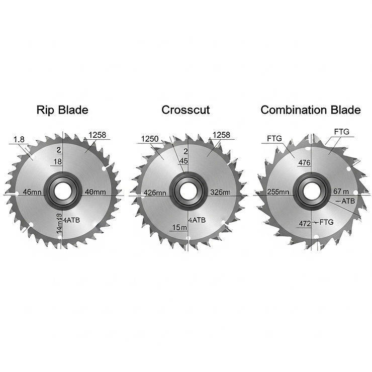 An illustration showing different types of table saw blades, including rip, crosscut, and combination blades, to help users choose the best one for their project.