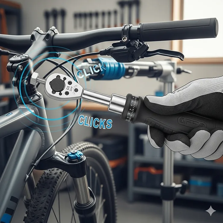 An illustration of a click-type bike torque wrench with an adjustable handle and a distinct "click" sound feature, demonstrating why it's a popular choice for achieving the best torque settings on bicycle components.