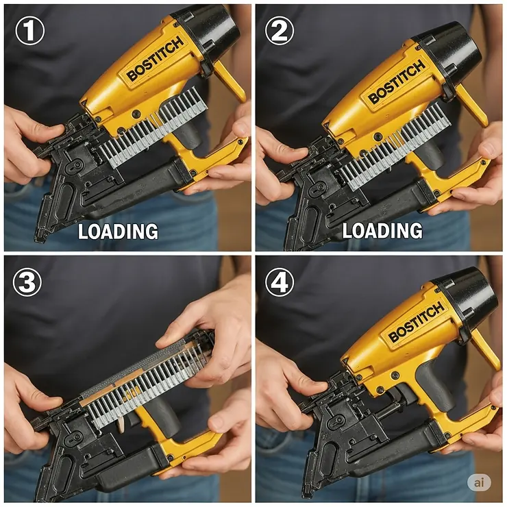 A step-by-step image showing how to properly load a strip of finishing nails into a Bostitch nail gun's magazine.