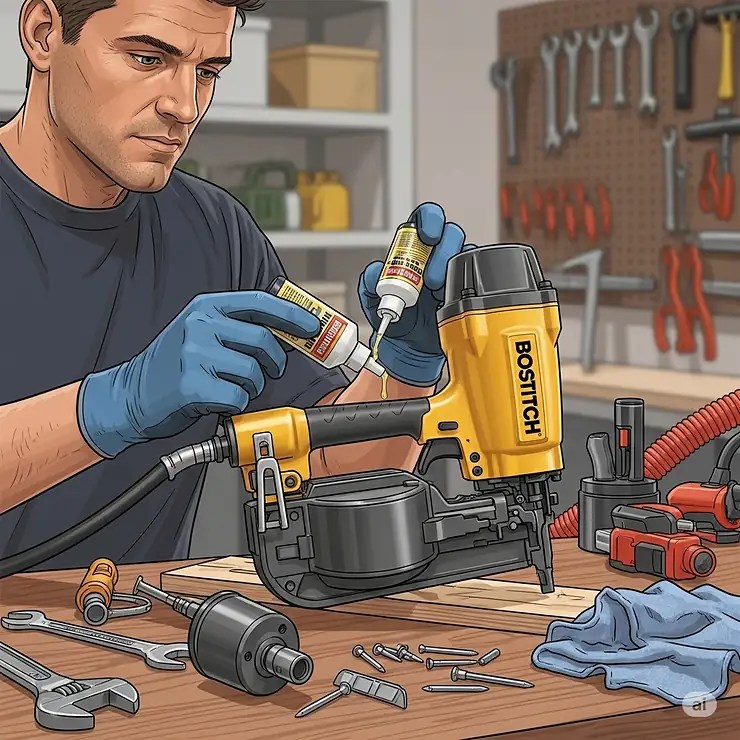 A detailed illustration of a user performing routine maintenance on a Bostitch finish nail gun, such as adding pneumatic tool oil.