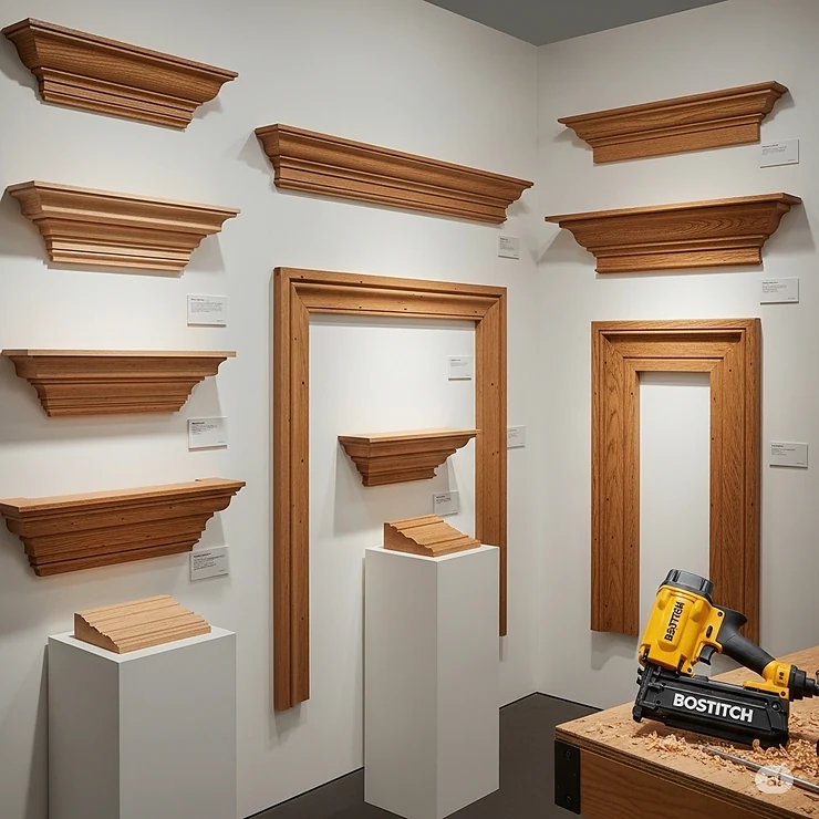 A gallery of woodworking projects, such as crown molding and door trim, completed using a Bostitch finish nail gun.