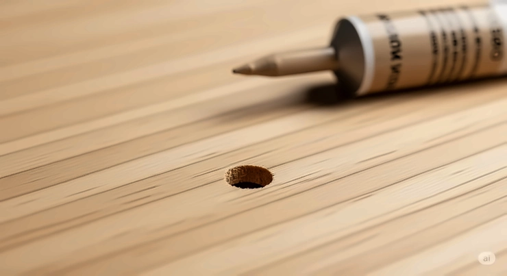 A close-up image of a finished project, showing the small, but noticeable, hole left by a brad nail that requires wood filler.