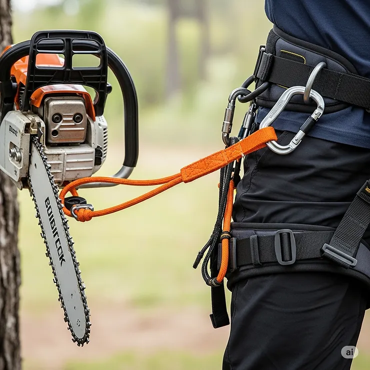 An image showing how a climbing chainsaw is properly attached to a climbing harness with a lanyard for secure and safe use.