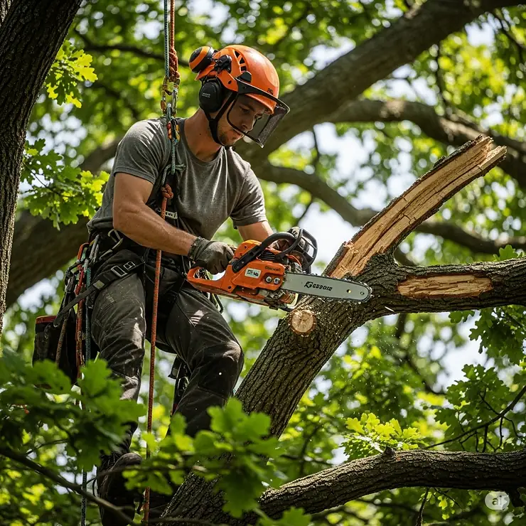 A close-up shot of a climber suspended in a tree, carefully maneuvering a climbing chainsaw to remove a dead limb.
