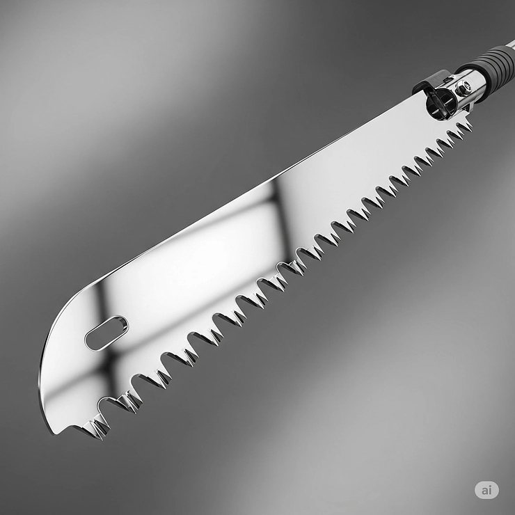 A shiny, chrome-plated pole saw blade, which is resistant to rust and corrosion, and designed for longevity.