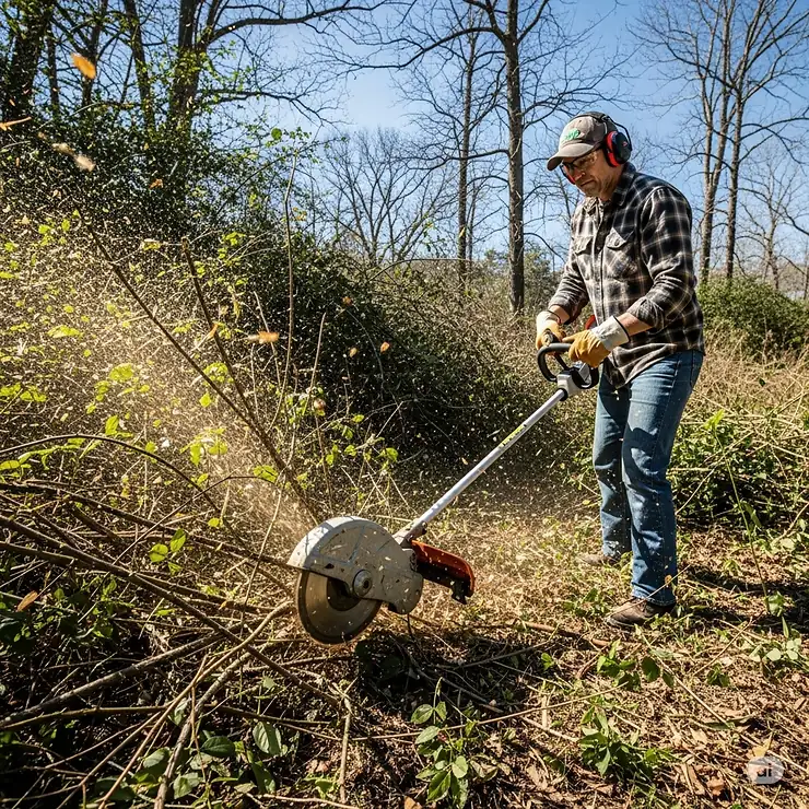 An action shot of a homeowner clearing a dense patch of brush using a weed eater with a specialized saw blade.