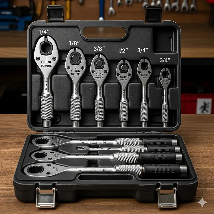 A set of click-type torque wrenches with different drive sizes and an accompanying carrying case.
