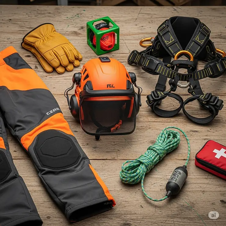 A detailed image of essential safety gear for using a climbing chainsaw, such as a helmet with a face shield, chainsaw pants, and climbing harness.