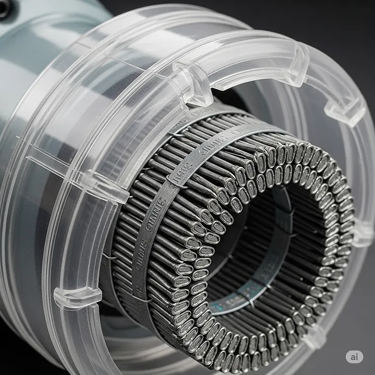 A clear picture of a coil nailer magazine filled with a long strip of nails, demonstrating its large capacity for continuous work on fencing.