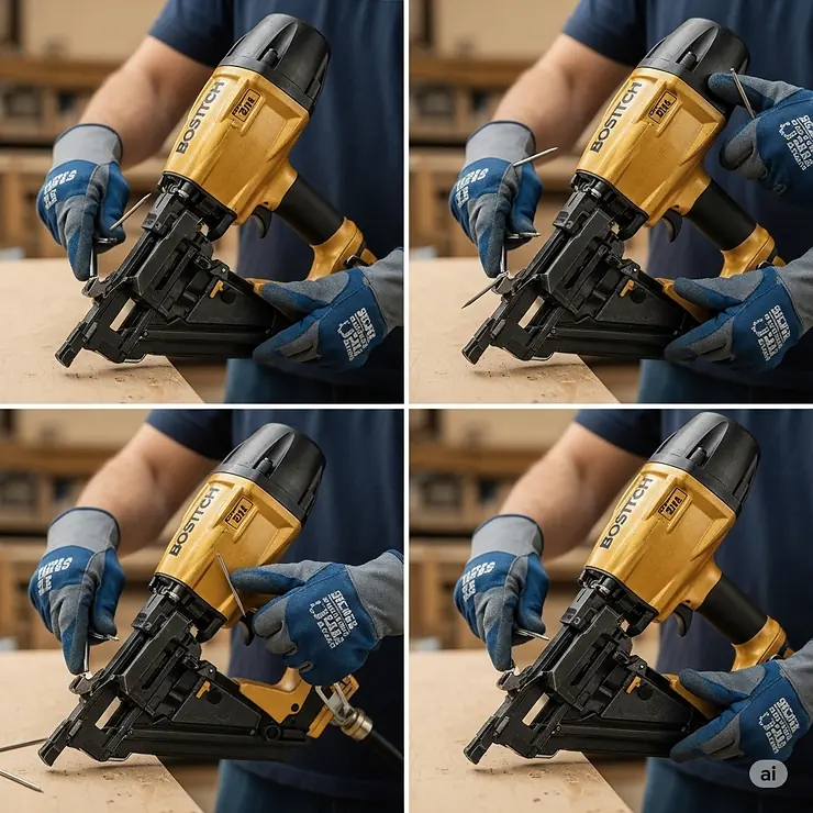 A visual guide showing how to safely clear a jammed nail from the nosepiece of a Bostitch finish nail gun.