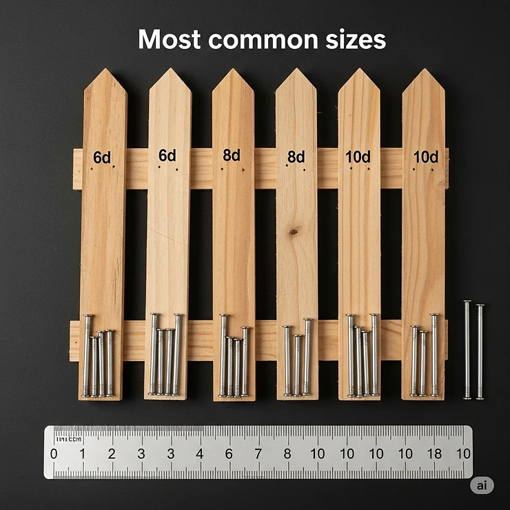 An image displaying the most common nail sizes used for fence pickets, such as 6d, 8d, and 10d, with a ruler for scale.