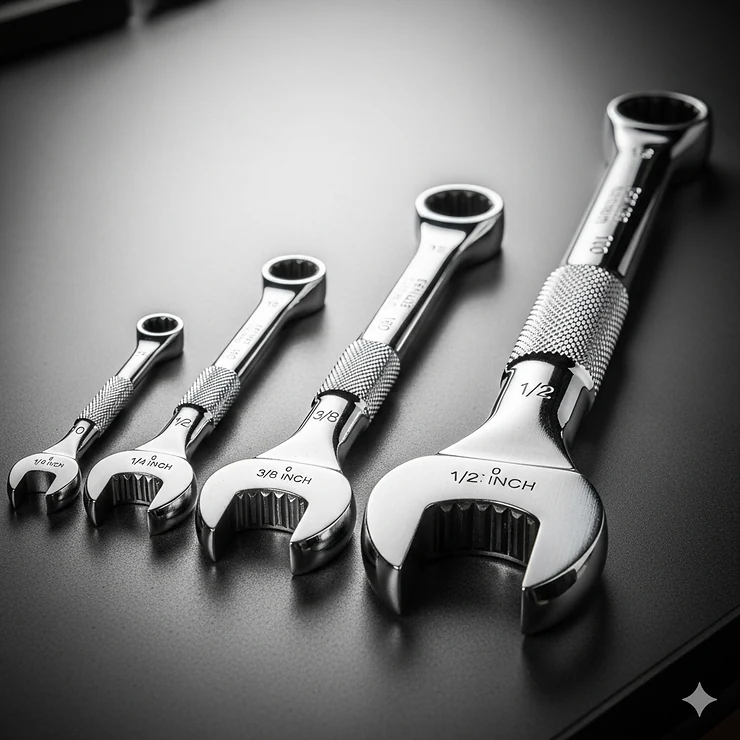 Various common sizes of torque wrenches, including 1/4-inch, 3/8-inch, and 1/2-inch, laid out for comparison.