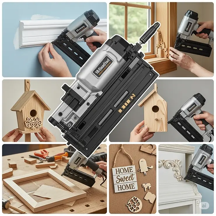 A visual collage showing various common projects for an 18 gauge brad nailer, such as installing baseboards, window trim, and small crafts.
