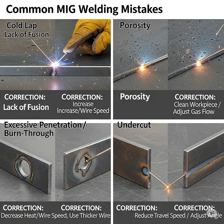 Examples of common welding mistakes and how to correct them, providing valuable tips for a beginner MIG welder.