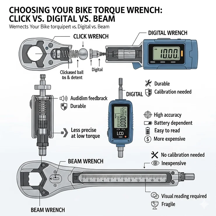 A diagram comparing the three main types of bike torque wrenches—click, digital, and beam—highlighting the pros and cons of each to help cyclists choose the best one for their needs.