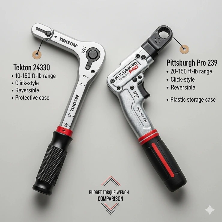 A side-by-side comparison of two top-rated budget torque wrenches, highlighting their features and differences.