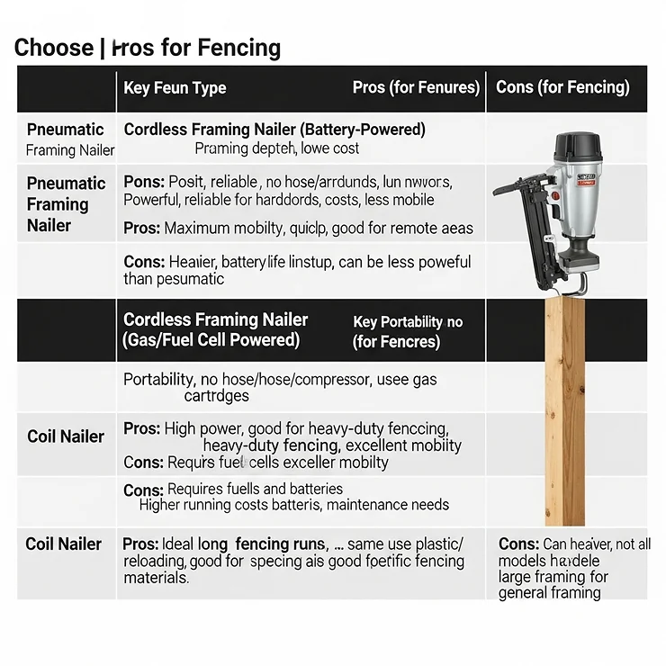 A comparison chart or table highlighting the key features, pros, and cons of different nail guns to help buyers choose the best one for their fencing needs.