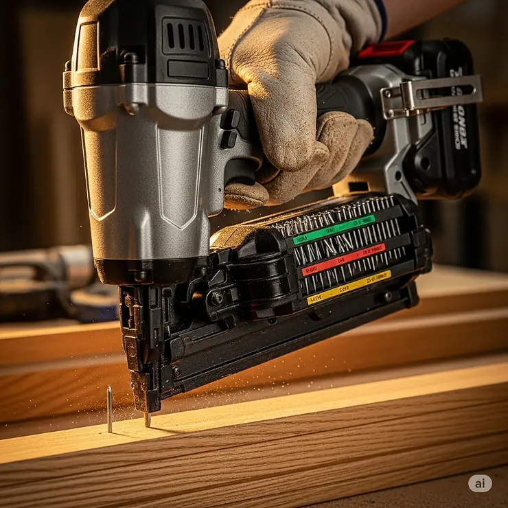 A close-up of a cordless brad nailer being used for fine woodworking, showcasing the tool's versatility for different nail types.