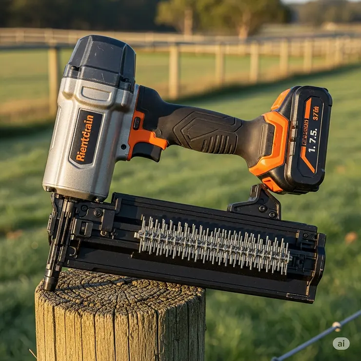 A high-resolution image of a cordless fencing nailer with its rechargeable battery pack, highlighting the convenience of a battery-powered tool.
