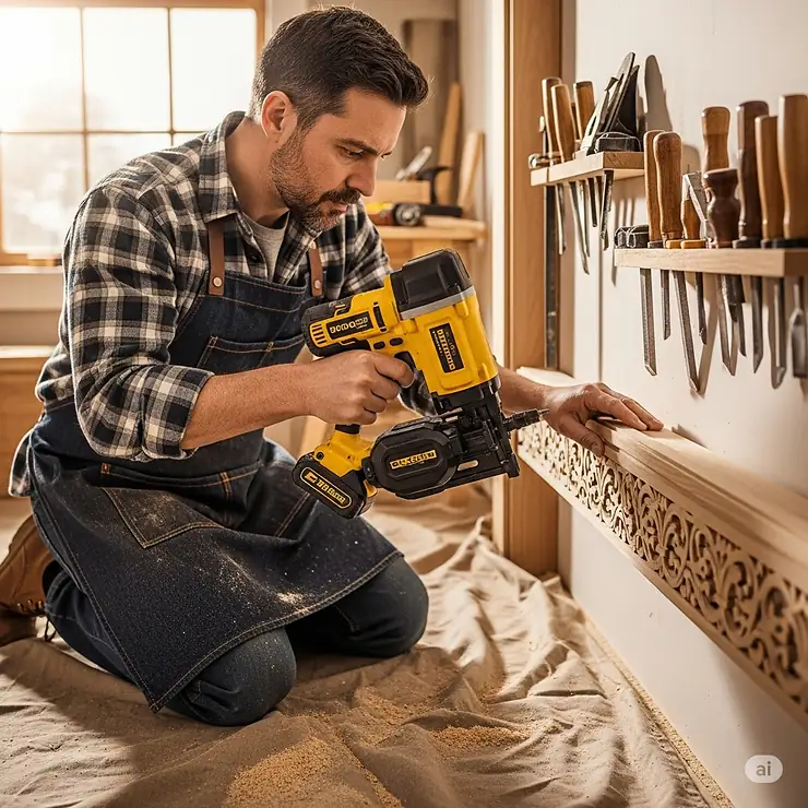 A woodworker precisely using a cordless finish nailer to install decorative trim.