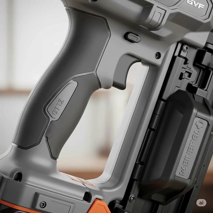 A close-up shot of a cordless framing nailer's ergonomic grip and well-balanced design for comfortable use.