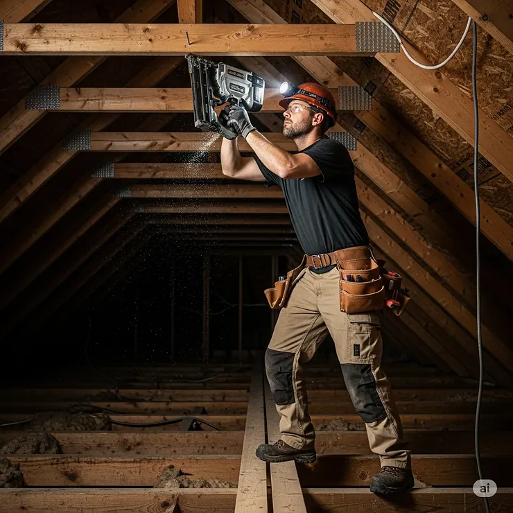 A professional framer maneuvered a lightweight cordless framing nailer to drive nails in a cramped overhead space.