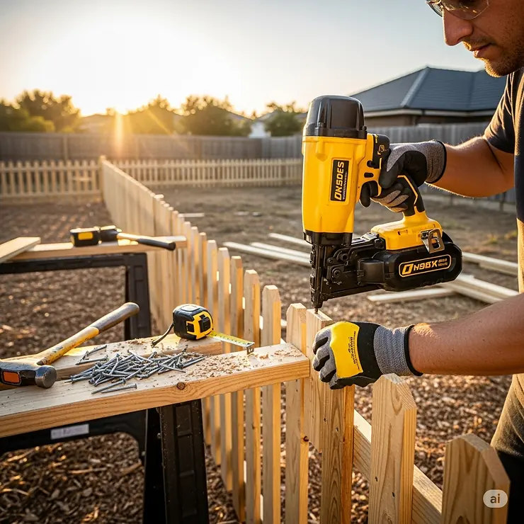An image of a versatile cordless nail gun being used on a new fence, highlighting its portability and ease of use in various locations.