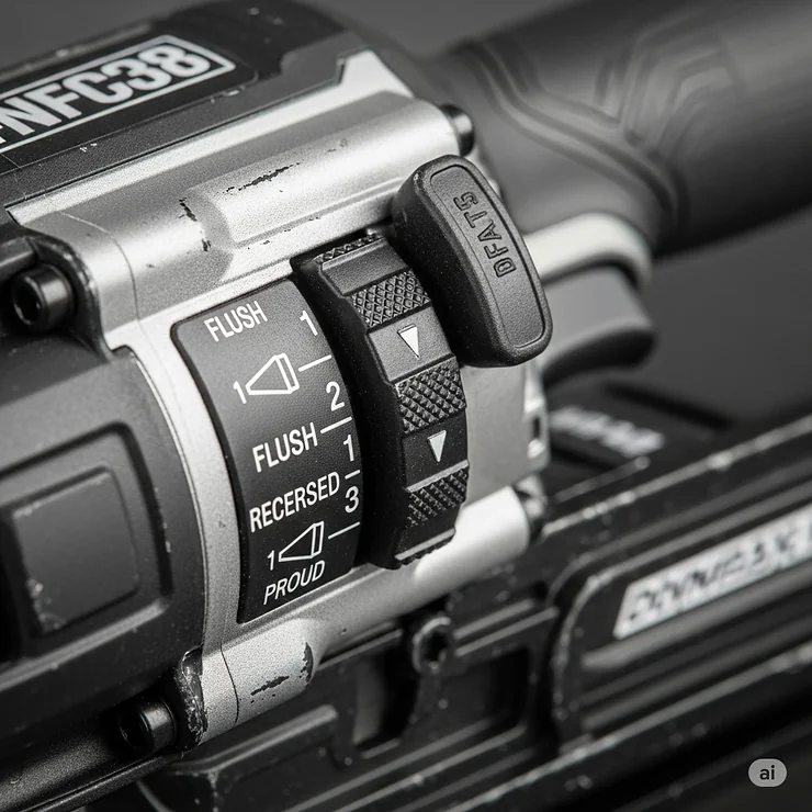A close-up view of the depth adjustment dial on a cordless nailer, showing how to control nail depth.