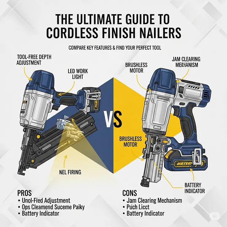 An infographic detailing the key features of the best cordless finish nailers, such as tool-free depth adjustment and LED work lights.