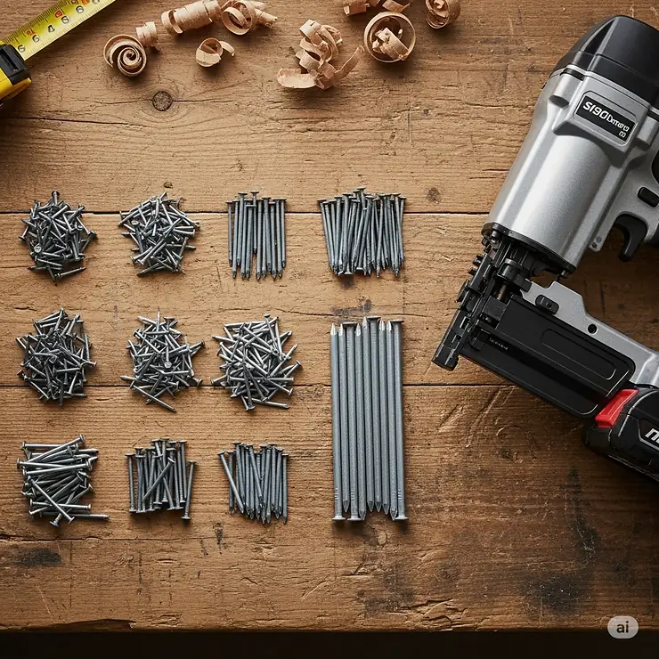 Various nail sizes and types, such as brad, finish, and framing nails, laid out next to a cordless nailer.