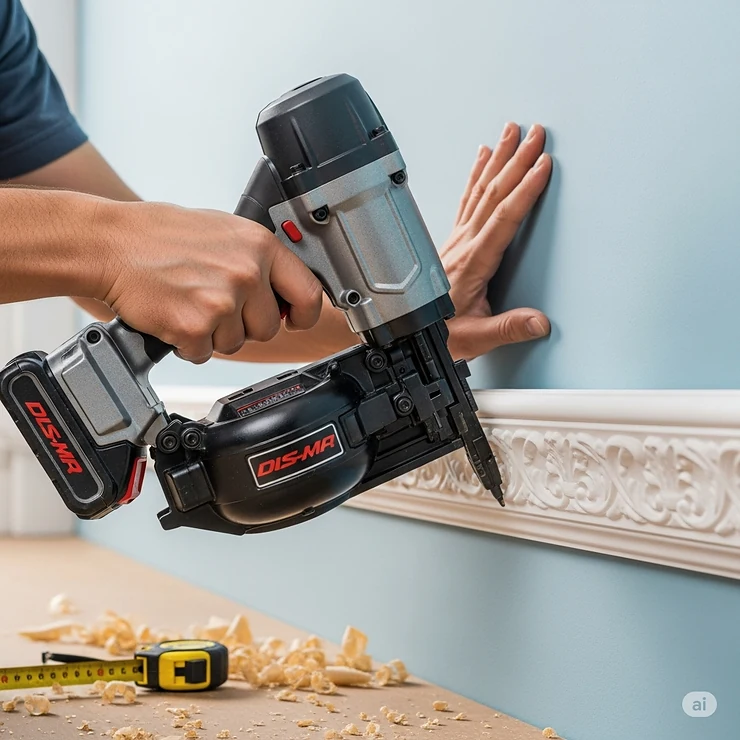 An image demonstrating the cordless finish nailer's use for intricate trim work and molding installation.