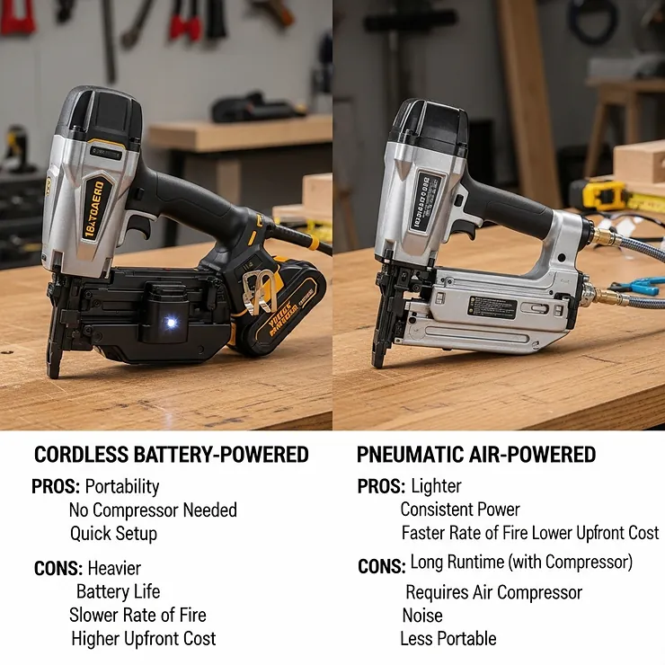 A side-by-side comparison of a cordless battery-powered 18 gauge brad nailer and a pneumatic air-powered model, detailing their pros and cons.