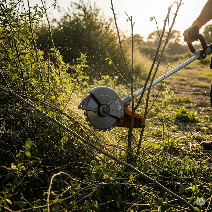 A cordless weed eater equipped with a saw blade, efficiently cutting through thick brush and small trees.