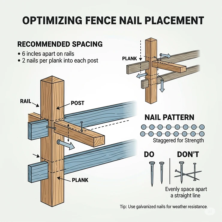 An infographic illustrating the recommended spacing and pattern for fence nails to ensure the structural integrity of the fence.