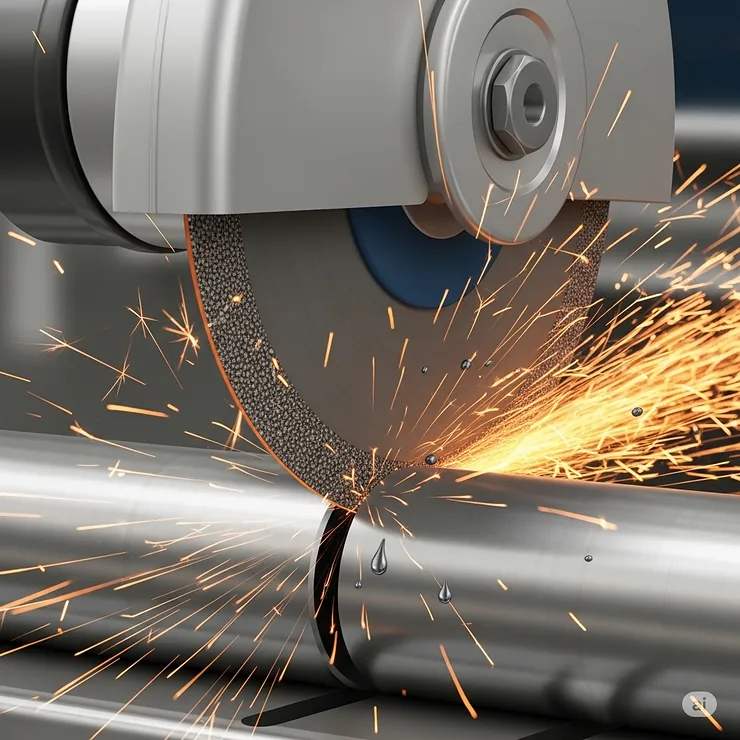 A graphic showing a cut off saw creating a clean cut through a metal pipe, emphasizing its abrasive blade and high-speed operation.