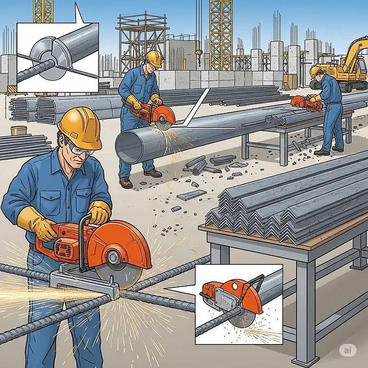 An illustration showcasing typical applications of a cut off saw, such as cutting rebar, metal tubing, and angle iron on a construction site.